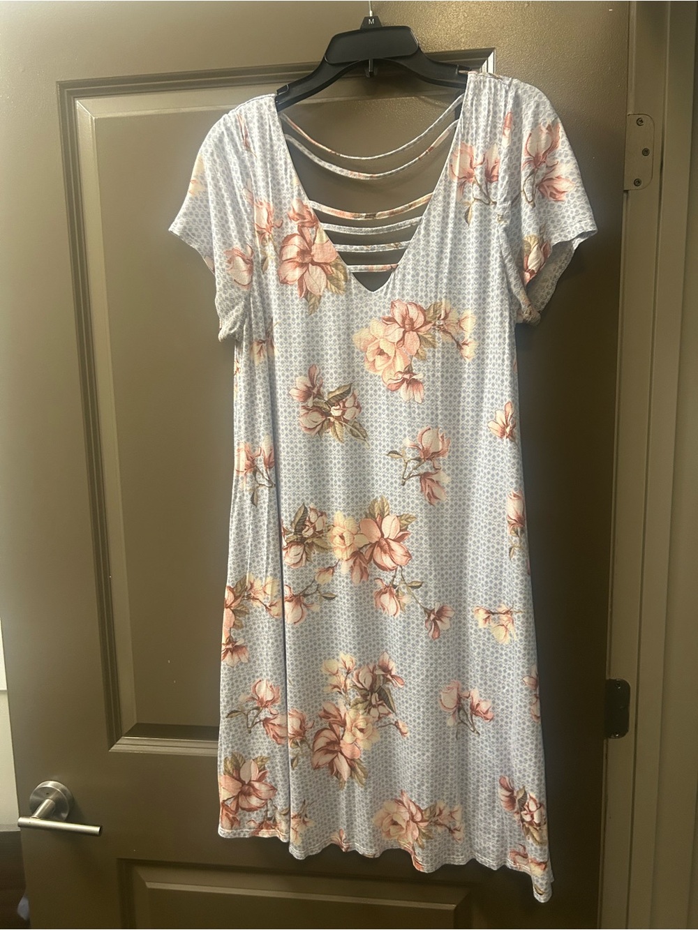 Alya Light Blue Floral Mini Dress with Pink Flowers and Strappy V-Neck